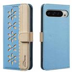 For Google Pixel 8 Splicing Color Hollow Flower Pattern RFID Leather Phone Case(Baby Blue)
