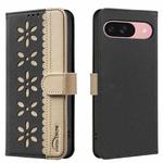 For Google Pixel 9 / 9 Pro Splicing Color Hollow Flower Pattern RFID Leather Phone Case(Black)