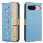 For Google Pixel 9 / 9 Pro Splicing Color Hollow Flower Pattern RFID Leather Phone Case(Baby Blue)