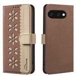 For Google Pixel 9a Splicing Color Hollow Flower Pattern RFID Leather Phone Case(Brown)
