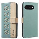 For Google Pixel 9a Splicing Color Hollow Flower Pattern RFID Leather Phone Case(Green)