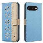 For Google Pixel 9a Splicing Color Hollow Flower Pattern RFID Leather Phone Case(Baby Blue)
