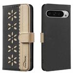 For Google Pixel 9 Pro XL Splicing Color Hollow Flower Pattern RFID Leather Phone Case(Black)