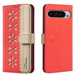 For Google Pixel 9 Pro XL Splicing Color Hollow Flower Pattern RFID Leather Phone Case(Red)