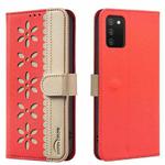 For Samsung Galaxy A02S / A03S Splicing Color Hollow Flower Pattern RFID Leather Phone Case(Red)