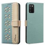 For Samsung Galaxy A02S / A03S Splicing Color Hollow Flower Pattern RFID Leather Phone Case(Green)