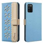 For Samsung Galaxy A02S / A03S Splicing Color Hollow Flower Pattern RFID Leather Phone Case(Baby Blue)