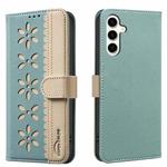 For Samsung Galaxy A05S Splicing Color Hollow Flower Pattern RFID Leather Phone Case(Green)