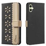 For Samsung Galaxy A05 Splicing Color Hollow Flower Pattern RFID Leather Phone Case(Black)