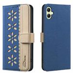 For Samsung Galaxy A05 Splicing Color Hollow Flower Pattern RFID Leather Phone Case(Dark Blue)