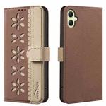 For Samsung Galaxy A06 Splicing Color Hollow Flower Pattern RFID Leather Phone Case(Brown)