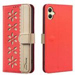 For Samsung Galaxy A06 Splicing Color Hollow Flower Pattern RFID Leather Phone Case(Red)