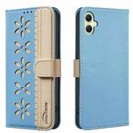 For Samsung Galaxy A06 Splicing Color Hollow Flower Pattern RFID Leather Phone Case(Baby Blue)