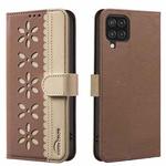 For Samsung Galaxy A12 Splicing Color Hollow Flower Pattern RFID Leather Phone Case(Brown)