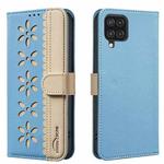 For Samsung Galaxy A12 Splicing Color Hollow Flower Pattern RFID Leather Phone Case(Baby Blue)