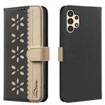 For Samsung Galaxy A13 Splicing Color Hollow Flower Pattern RFID Leather Phone Case(Black)