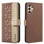 For Samsung Galaxy A13 Splicing Color Hollow Flower Pattern RFID Leather Phone Case(Brown)