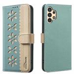 For Samsung Galaxy A13 Splicing Color Hollow Flower Pattern RFID Leather Phone Case(Green)