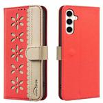 For Samsung Galaxy A15 Splicing Color Hollow Flower Pattern RFID Leather Phone Case(Red)