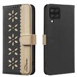 For Samsung Galaxy A22 4G Splicing Color Hollow Flower Pattern RFID Leather Phone Case(Black)