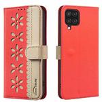For Samsung Galaxy A22 4G Splicing Color Hollow Flower Pattern RFID Leather Phone Case(Red)