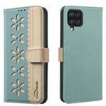 For Samsung Galaxy A22 4G Splicing Color Hollow Flower Pattern RFID Leather Phone Case(Green)