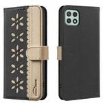 For Samsung Galaxy A22 5G Splicing Color Hollow Flower Pattern RFID Leather Phone Case(Black)