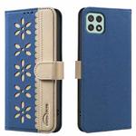 For Samsung Galaxy A22 5G Splicing Color Hollow Flower Pattern RFID Leather Phone Case(Dark Blue)