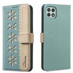 For Samsung Galaxy A22 5G Splicing Color Hollow Flower Pattern RFID Leather Phone Case(Green)