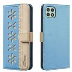 For Samsung Galaxy A22 5G Splicing Color Hollow Flower Pattern RFID Leather Phone Case(Baby Blue)