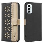 For Samsung Galaxy A23 / M23 / M13 4G Splicing Color Hollow Flower Pattern RFID Leather Phone Case(Black)
