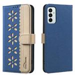 For Samsung Galaxy A23 / M23 / M13 4G Splicing Color Hollow Flower Pattern RFID Leather Phone Case(Dark Blue)