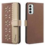 For Samsung Galaxy A23 / M23 / M13 4G Splicing Color Hollow Flower Pattern RFID Leather Phone Case(Brown)