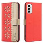 For Samsung Galaxy A23 / M23 / M13 4G Splicing Color Hollow Flower Pattern RFID Leather Phone Case(Red)