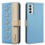 For Samsung Galaxy A23 / M23 / M13 4G Splicing Color Hollow Flower Pattern RFID Leather Phone Case(Baby Blue)