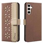 For Samsung Galaxy A26 5G Splicing Color Hollow Flower Pattern RFID Leather Phone Case(Brown)