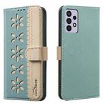 For Samsung Galaxy A32 4G Splicing Color Hollow Flower Pattern RFID Leather Phone Case(Green)