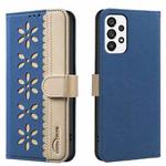 For Samsung Galaxy A33 5G Splicing Color Hollow Flower Pattern RFID Leather Phone Case(Dark Blue)