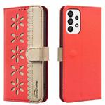 For Samsung Galaxy A33 5G Splicing Color Hollow Flower Pattern RFID Leather Phone Case(Red)