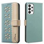 For Samsung Galaxy A33 5G Splicing Color Hollow Flower Pattern RFID Leather Phone Case(Green)
