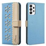 For Samsung Galaxy A33 5G Splicing Color Hollow Flower Pattern RFID Leather Phone Case(Baby Blue)