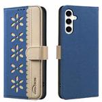 For Samsung Galaxy A36 5G / A56 5G Splicing Color Hollow Flower Pattern RFID Leather Phone Case(Dark Blue)