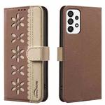 For Samsung Galaxy A53 Splicing Color Hollow Flower Pattern RFID Leather Phone Case(Brown)
