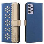 For Samsung Galaxy A72 Splicing Color Hollow Flower Pattern RFID Leather Phone Case(Dark Blue)