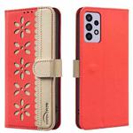 For Samsung Galaxy A72 Splicing Color Hollow Flower Pattern RFID Leather Phone Case(Red)