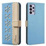 For Samsung Galaxy A72 Splicing Color Hollow Flower Pattern RFID Leather Phone Case(Baby Blue)