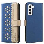 For Samsung Galaxy S21 5G Splicing Color Hollow Flower Pattern RFID Leather Phone Case(Dark Blue)