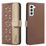 For Samsung Galaxy S22+ 5G Splicing Color Hollow Flower Pattern RFID Leather Phone Case(Brown)