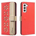 For Samsung Galaxy S22+ 5G Splicing Color Hollow Flower Pattern RFID Leather Phone Case(Red)