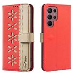 For Samsung Galaxy S22 Ultra 5G Splicing Color Hollow Flower Pattern RFID Leather Phone Case(Red)